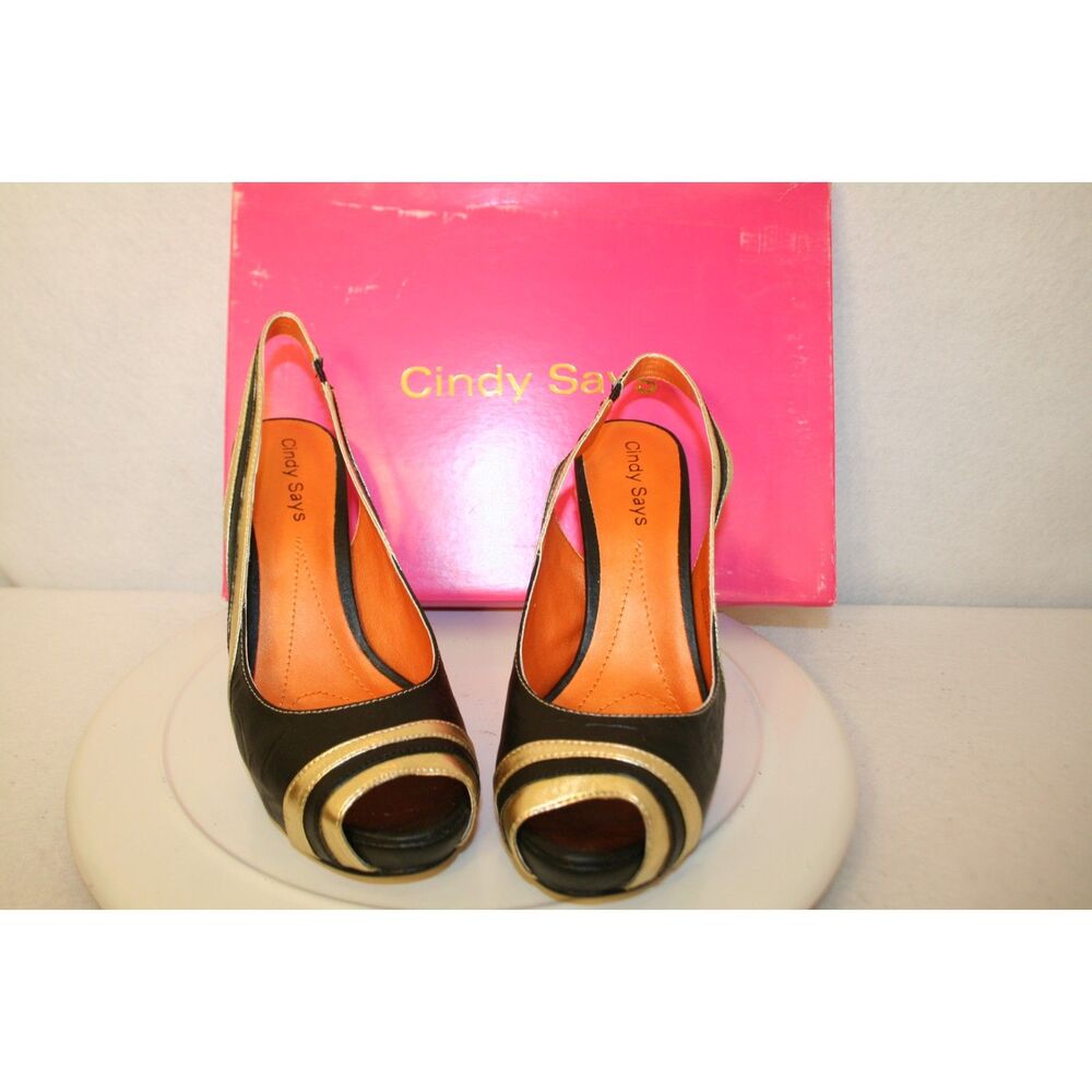 Cindy Says Black & Gold Pumpkin Pumps Heels Platform Peep Toe Shoes sz 8M NEW